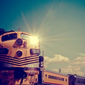 train photography / locomotive, travel, transportation, sun, gold, golden, yellow, blue, aquamarine / choo choo flare image 1