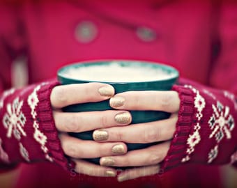 christmas photography / christmas decor, coffee, hot chocolate, holiday decor, hands, red, green, mug / christmas cocoa / 8x10 fine art