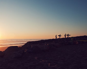 sunset surf beach photography / surfer, dusk, water, coast, california, blue, peach, silhouette / california boys / 8x10 fine art photo