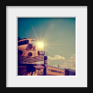 train photography / locomotive, travel, transportation, sun, gold, golden, yellow, blue, aquamarine / choo choo flare image 3