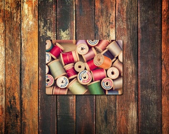 vintage spools photo magnet / refrigerator magnet, thread, sewing notions, rainbow, colorful, kitchen decor, fine art photograph