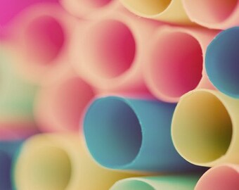 abstract macro drinking straws photograph / kitchen decor, nursery decor, pastel, circles, pink, peach, blue / straws / 8x8