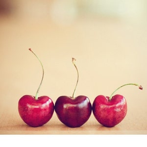 cherries still life food photography / valentines day, kitchen decor, heart, cherry, three, trio, red, minimalist / hearts / 8x10 fine art image 1