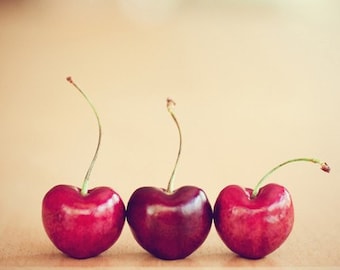 cherries still life food photography / valentines day, kitchen decor, heart, cherry, three, trio, red, minimalist / hearts / 8x10 fine art