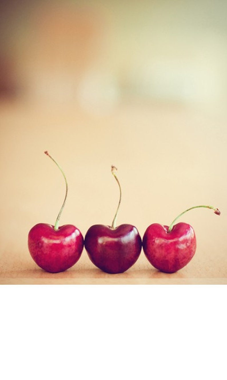 cherries still life food photography / valentines day, kitchen decor, heart, cherry, three, trio, red, minimalist / hearts / 8x10 fine art image 1