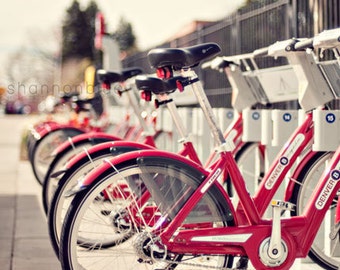 bicycle photography / bike, red, city, denver, lined up / mile high bikes / 8x10 fine art photo