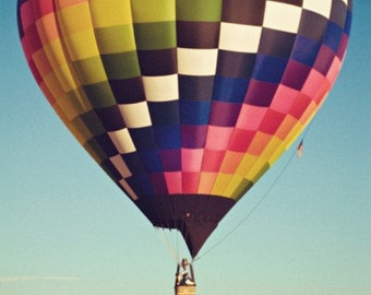 hot air balloon photography / air travel, flight, transportation, blue sky, vibrant / checkered / 8x8 fine art photo