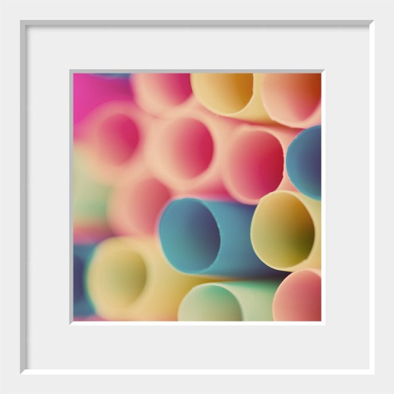 abstract macro drinking straws photograph / kitchen decor, nursery decor, pastel, circles, pink, peach, blue / straws / 8x8 image 2