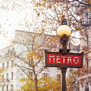 paris travel photography, metro sign, metropolitan, fall, autumn, red, gold, french home decor / metro / 8x10 fine art photo