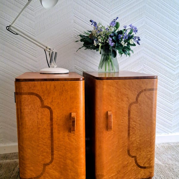 Pair of vintage Art Deco birds eye maple and walnut bedside cabinets.