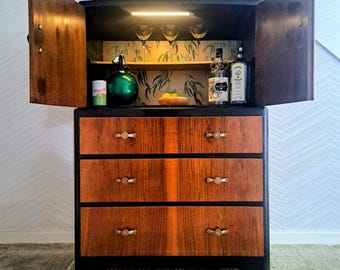 Art deco walnut tallboy chest of drawers/cocktail cabinet.