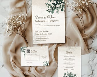 Bearbeitbares modernes Hochzeitseinladungsvorlagen-Set mit QR-Code | Einladungskarten zur Hochzeit mit Antwortkarten | Benutzerdefinierte Hochzeit einladen Set