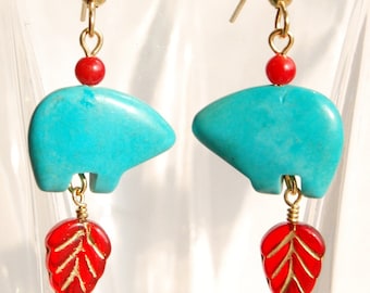 Turquoise Bear Fetish Earrings, Southwestern Style - Red and Turquoise Jewelry, Tribal Dangle Earrings