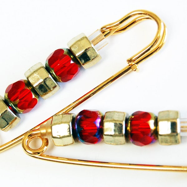 Red OR Blue Crystal and Golden Gathering Pin Pair, Sleeve Pin, Scarf Pin, Sleeve Bling, Bodice Pin