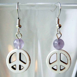 Peace Sign and Gemstone Earrings Choice of Colors, Hippie Peace Sign Dangle Earrings, Groovy Retro 1960s Style Earrings purple n silver