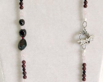 Rose Quartz and Garnet Necklace and Earring Set with a Dragonfly Toggle Clasp