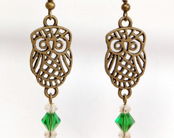Filigree Owl Earrings: Antiqued Brass Tone, Crystal Birthstone Jewelry