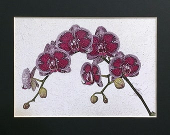 Purple Orchids Matted Altered Photo Print, Gardener or Flower Enthusiast Photographic Art Gift