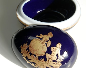 Vintage Limoges Castel Cobalt Blue Egg Shaped Ring Box with Courting Couple
