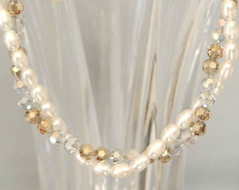 Pearl and Crystal Elegant Twisted  Multistrand Necklace, Neutral Colored and Sparkly Jewelry