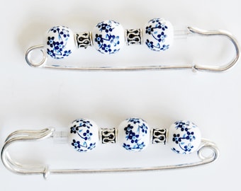 Blue and White Floral Ceramic Beads and Silver Gathering Pin Pair, Sleeve Pin, Scarf Pin, Sleeve Bling, Bodice Pin