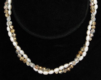 Pearl and Crystal Multistrand Necklace, June Birthstone Elegant Twisted Pearl Necklace, Neutral Colored and Sparkly Jewelry