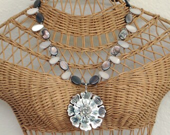 Carved Shell Flower Focal Pendant Beaded Necklace, Gray and White Shell and Crystal Jewelry