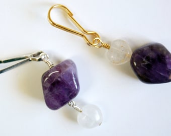 Amethyst and Quartz Heart Zipper Pull - Choose Silver or Gold Plated, Amethyst Purse Bling or Backpack Charm, Gift Under 10