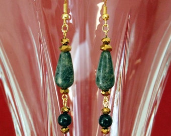 Green and Gold Dangle Earrings, Pierced Gemstone Earrings, 2 Inch Long Drop Length Jointed Dangle Earrings