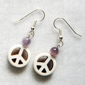 Peace Sign and Gemstone Earrings Choice of Colors, Hippie Peace Sign Dangle Earrings, Groovy Retro 1960s Style Earrings image 5