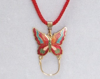 Vintage Cloisonne Butterfly Charm Holder Pendant, Colorful Vintage Cloisonne Butterfly Necklace