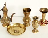 Small Brass Vases, Teapot and Bowl, 3 Miniature Brass Vases, Tiny Brass Teapot, Etched Brass, Brass Bowl with Chinese Calligraphy Good Luck