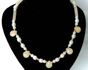 Dainty Freshwater Pearl and Gemstone Beaded Sweetheart Necklace, June Birthstone Jewelry