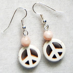 Peace Sign and Gemstone Earrings Choice of Colors, Hippie Peace Sign Dangle Earrings, Groovy Retro 1960s Style Earrings pink n silver