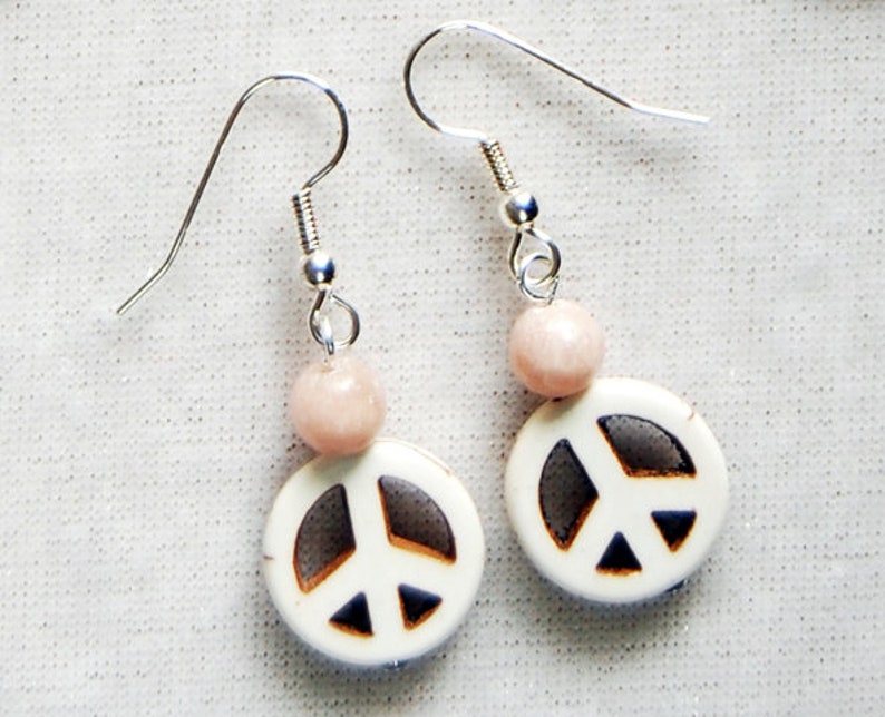 Peace Sign and Gemstone Earrings Choice of Colors, Hippie Peace Sign Dangle Earrings, Groovy Retro 1960s Style Earrings pink n silver