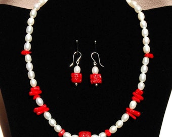 Pearl and Red Coral Necklace and Earring Set, Elegant Freshwater Pearl Sterling Silver Statement Jewelry, June Birthstone Jewelry