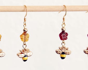 Enameled Bumblebee and Czech Glass Flower Dangle Earrings, Your Choice of Colors