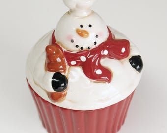 Vintage Winter Seasonal Decor, Snowman Baker Cupcake Trinket Box, Lidded Candy Dish