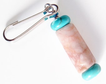 Rhodonite and Turquoise Zipper Pull, Pink and Turquoise Bag Charm