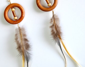 Shoulder Duster Earrings with Wood Hoops and Gray and Yellow Feathers, Long Bohemian Real Feather Hoop Earrings, Tribal Boho Earrings