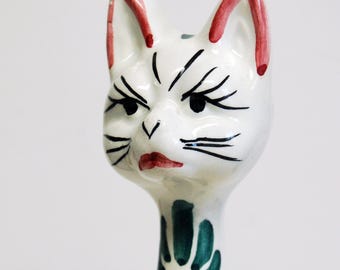 Pouty Cat Ceramic Figurine, Vintage Handpainted Cat, Stylized Feline Statuette with Floral Design