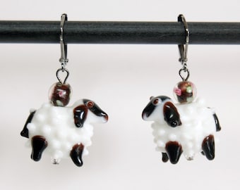 Lampwork Sheep and Floral Bead Earrings, Black and White Sheep Jewelry