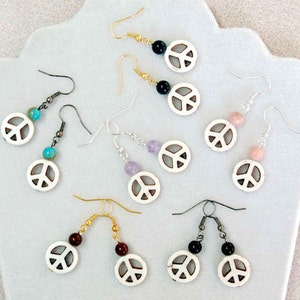 Peace Sign and Gemstone Earrings Choice of Colors, Hippie Peace Sign Dangle Earrings, Groovy Retro 1960s Style Earrings image 6