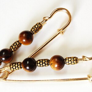 Tiger's Eye and Golden Accents Gathering Pin Pair, Earth Tone Sleeve Pin Accessory, Brown and Gold Scarf Pin spherical pair