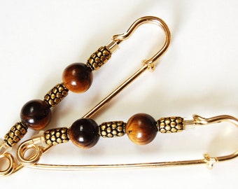 Tiger's Eye and Golden Accents Gathering Pin Pair, Earth Tone Sleeve Pin Accessory, Brown and Gold Scarf Pin