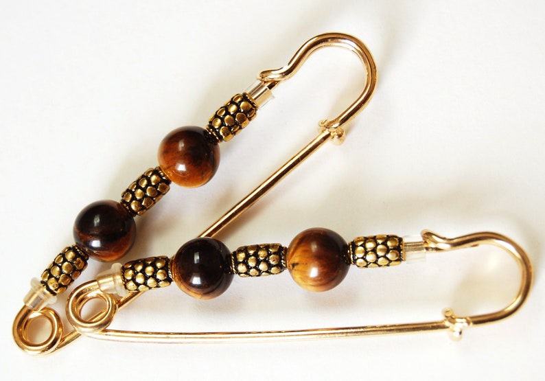 Tiger's Eye and Golden Accents Gathering Pin Pair, Earth Tone Sleeve Pin Accessory, Brown and Gold Scarf Pin spherical pair