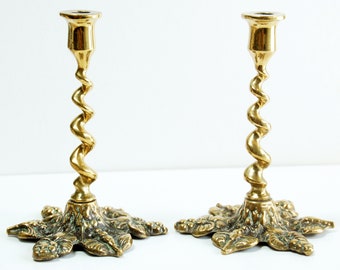 Vintage Brass Candlestick Pair: Twisted Stem Floral Base, Small Taper Candle Holder