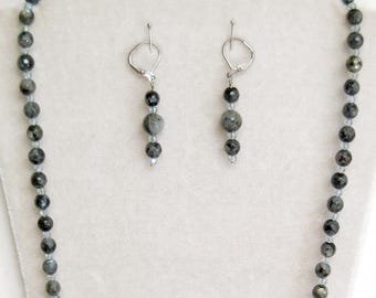 Labradorite Necklace and Earring Set; Black, Gray and Blue Stone and Crystal Jewelry