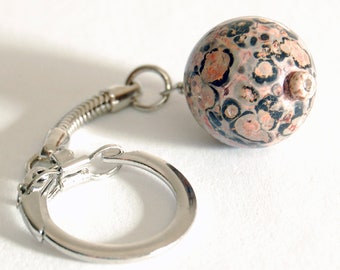 Leopard Skin Jasper or Tourmalinated Quartz Keychain, Easy Open Tourmilated Faceted Quartz Flexible Key Ring, Rock Hound Gift
