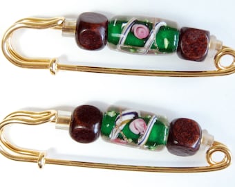 Green Lampwork Bead and Golden Gathering Pin Pair, Sleeve or Scarf Pin, Sleeve Bling